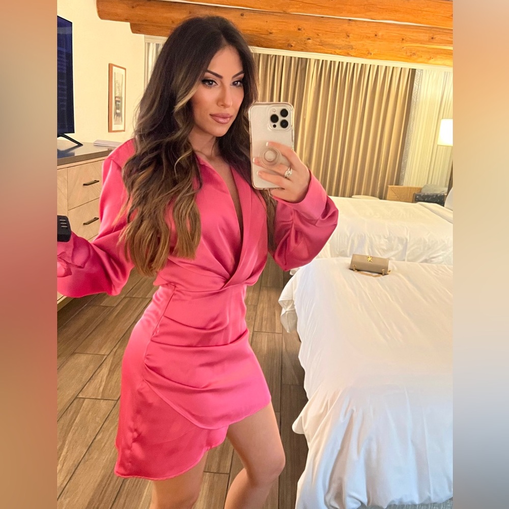 Zara Hot Pink long sleeve Satin Mini Dress XS